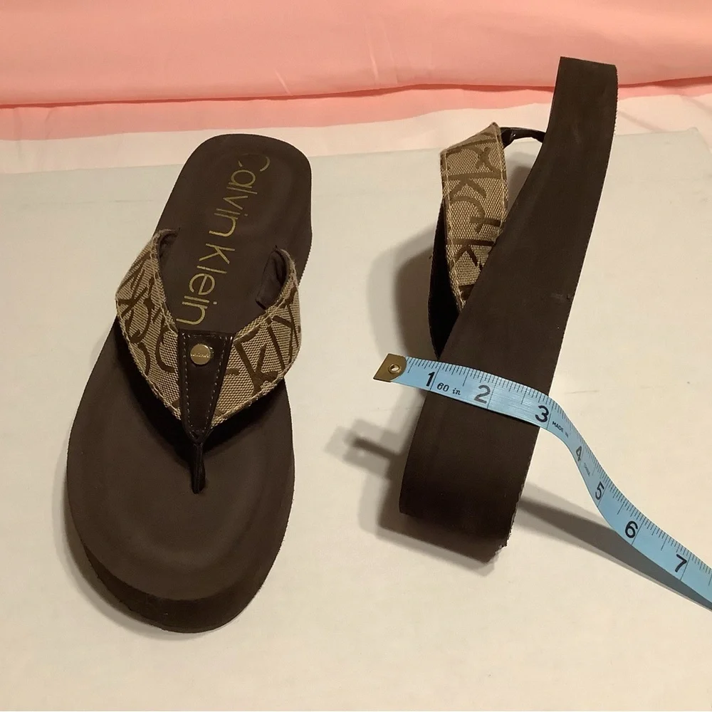 Calvin Klein Brown Logo Platform Flip Flops